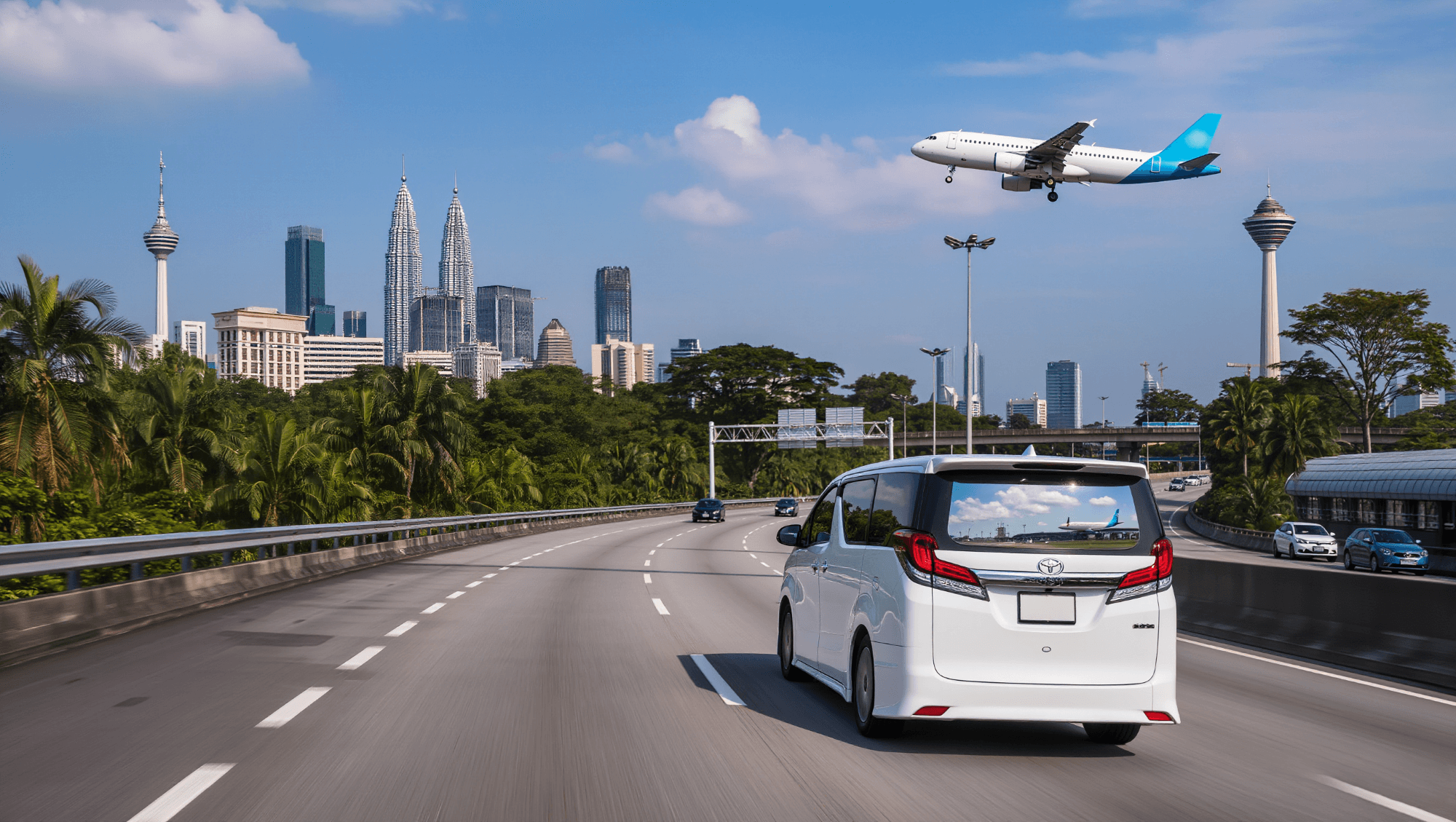 минивен едет по шоссе из аэропорта в столицу Малайзии, Куала-Лумпур